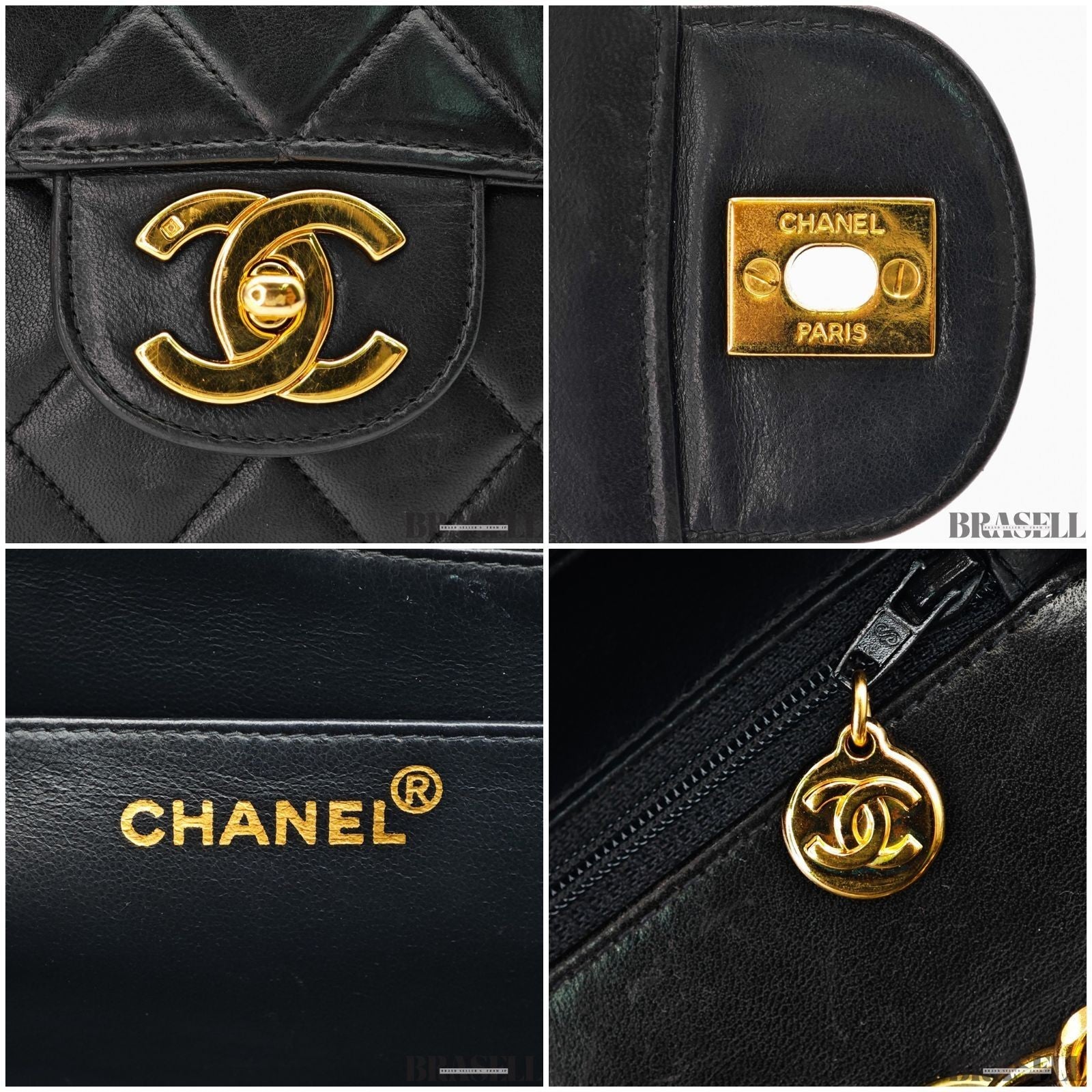 CHANEL Matelasse 30 Flap Chain Shoulder Bag Lamb Skin Black Gold CC Auth