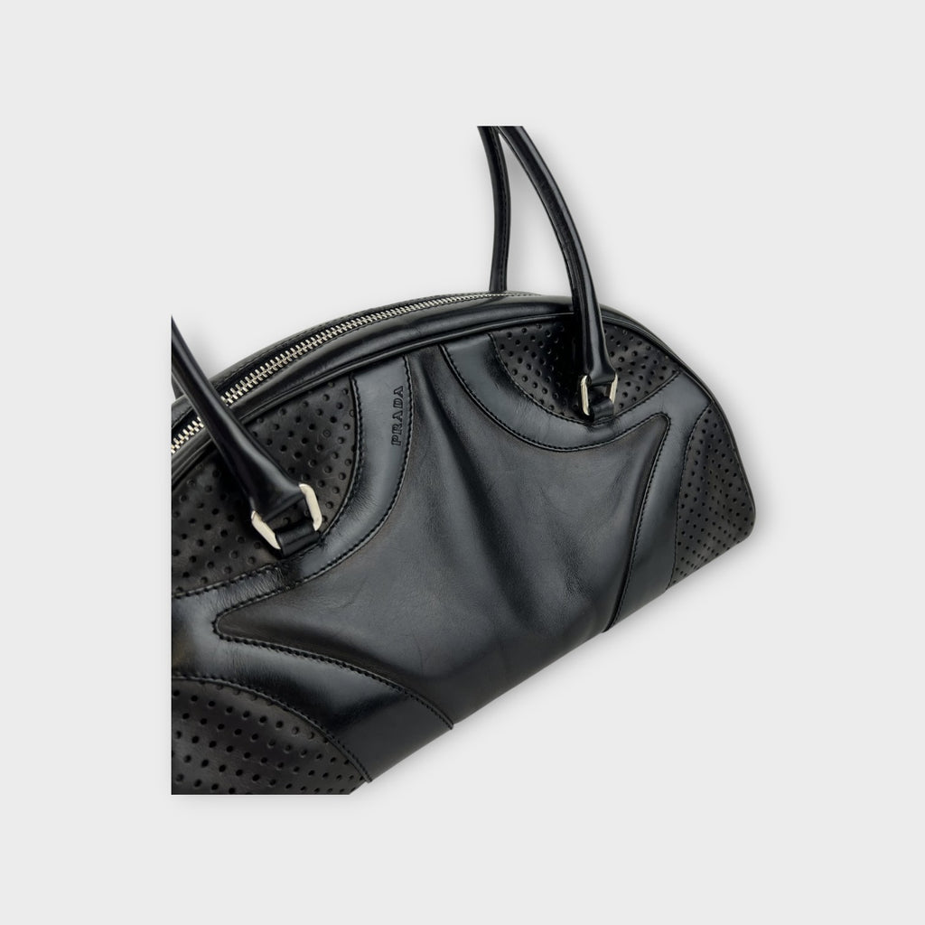 Prada Handbag Bowling Bag Black Leather Vintage Silver Hardware 【B】