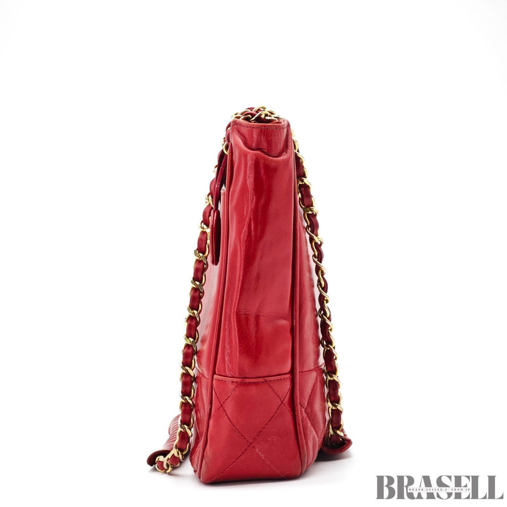 CHANEL Matelasse Lambskin Tote Bag Red Quilted Shoulder Bag Women's Guarantee