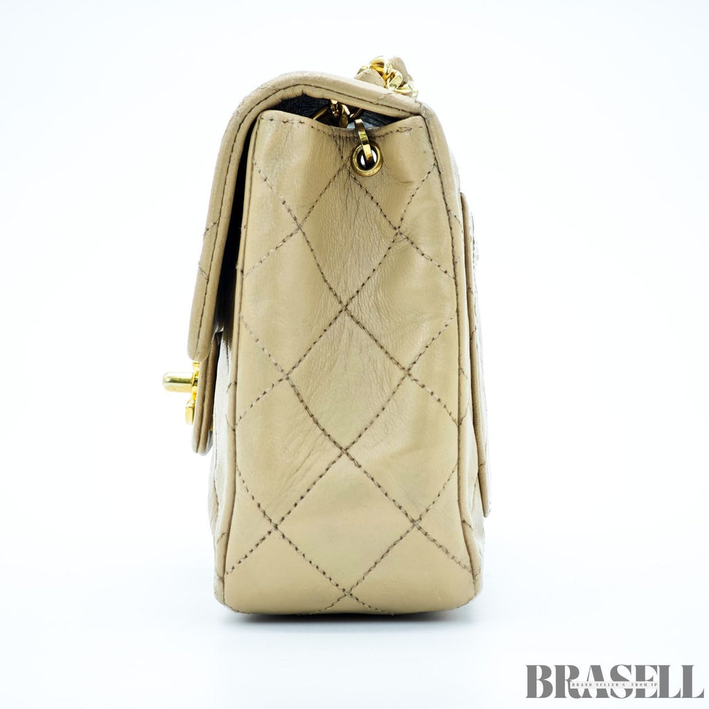 Chanel Mini Matelassé Shoulder Bag Lambskin Flap Compact Beige Women