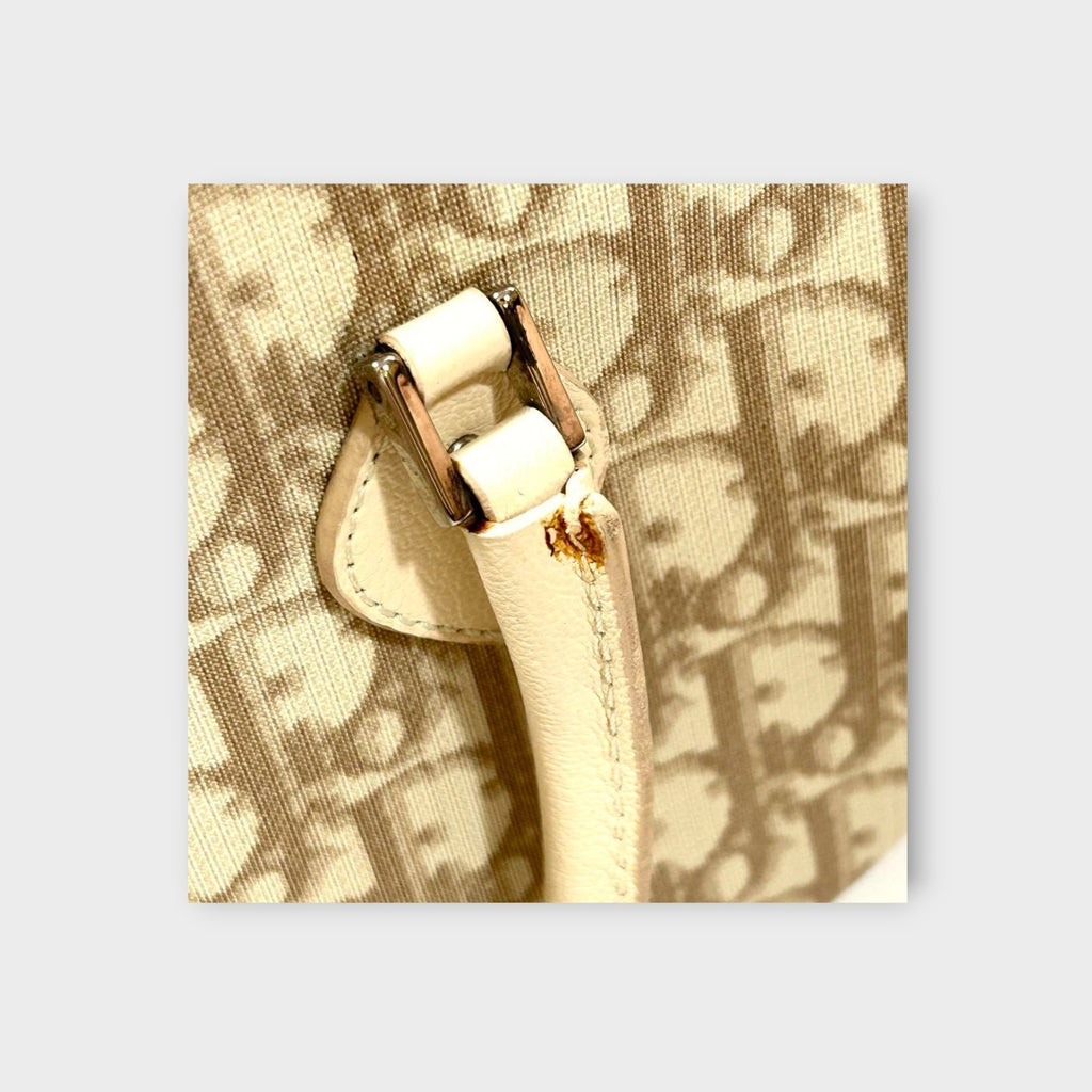Dior Trotter PVC Leather Floral Handbag Tote Bag Beige Silver Hardware 【B】