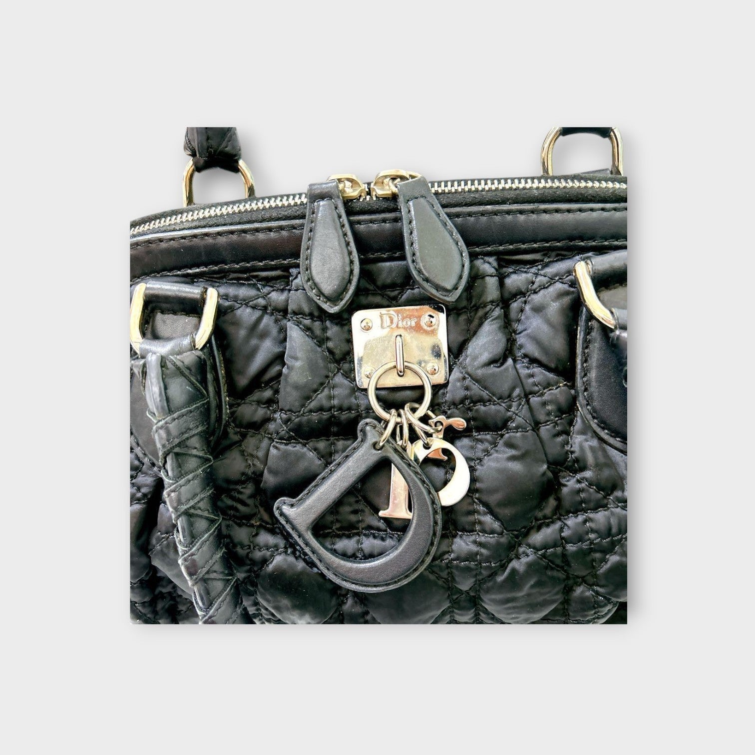 Christian Dior Handbag Tote Bag Leather Nylon Black Silver Hardware 【B】