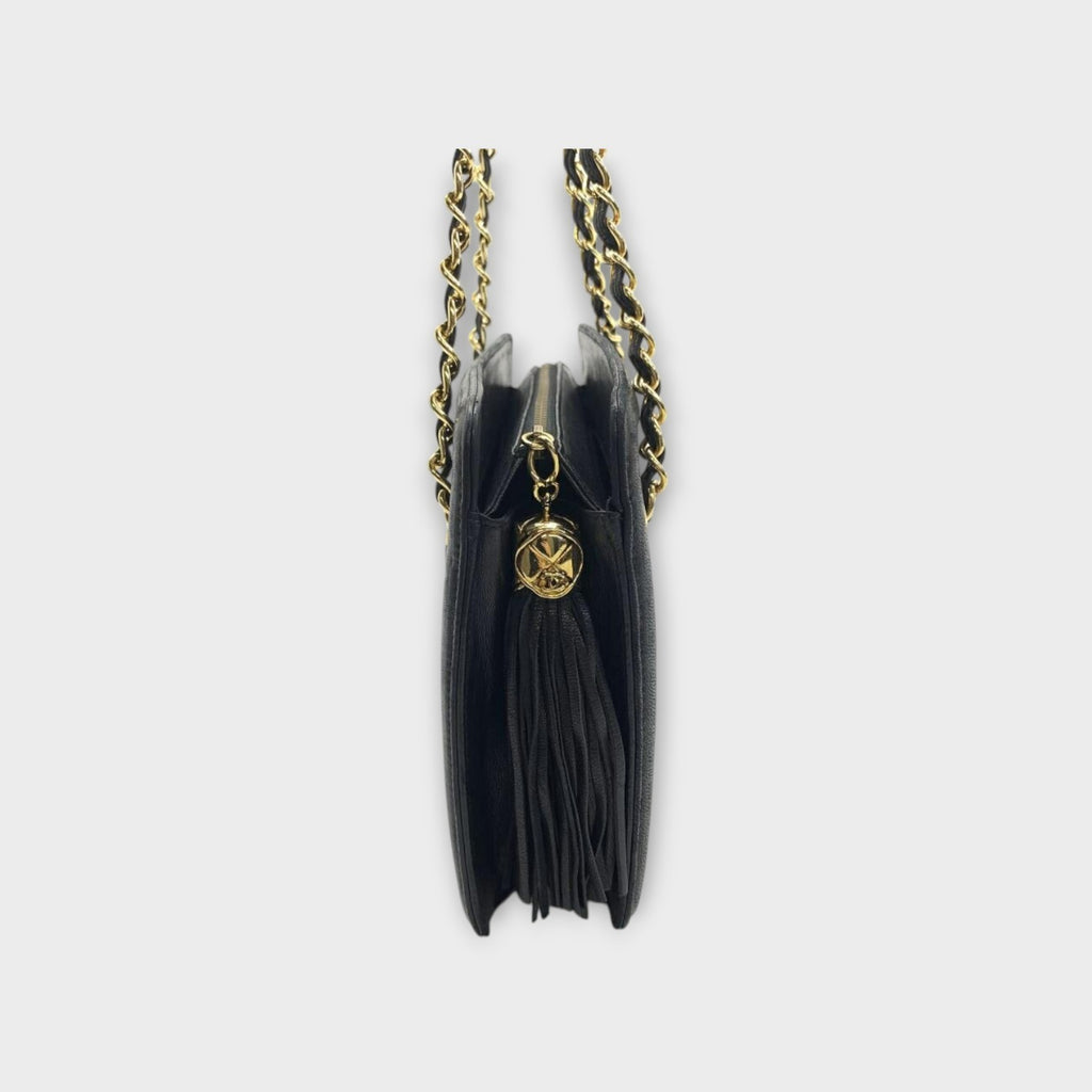 CHANEL Matelassé Fringe Chain Shoulder Bag Lambskin Black Gold Hardware 【B】