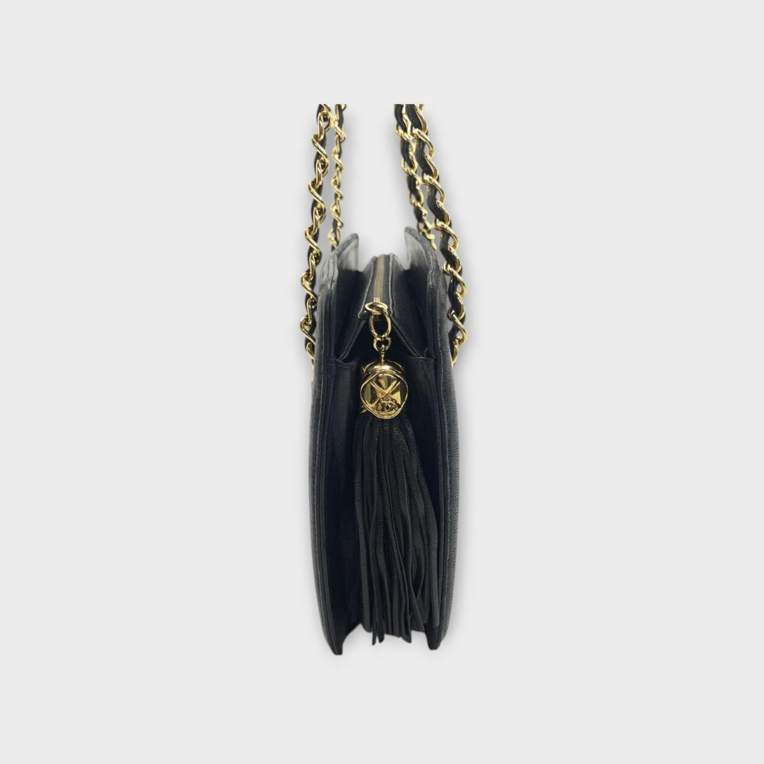 CHANEL Matelassé Fringe Chain Shoulder Bag Lambskin Black Gold Hardware 【B】