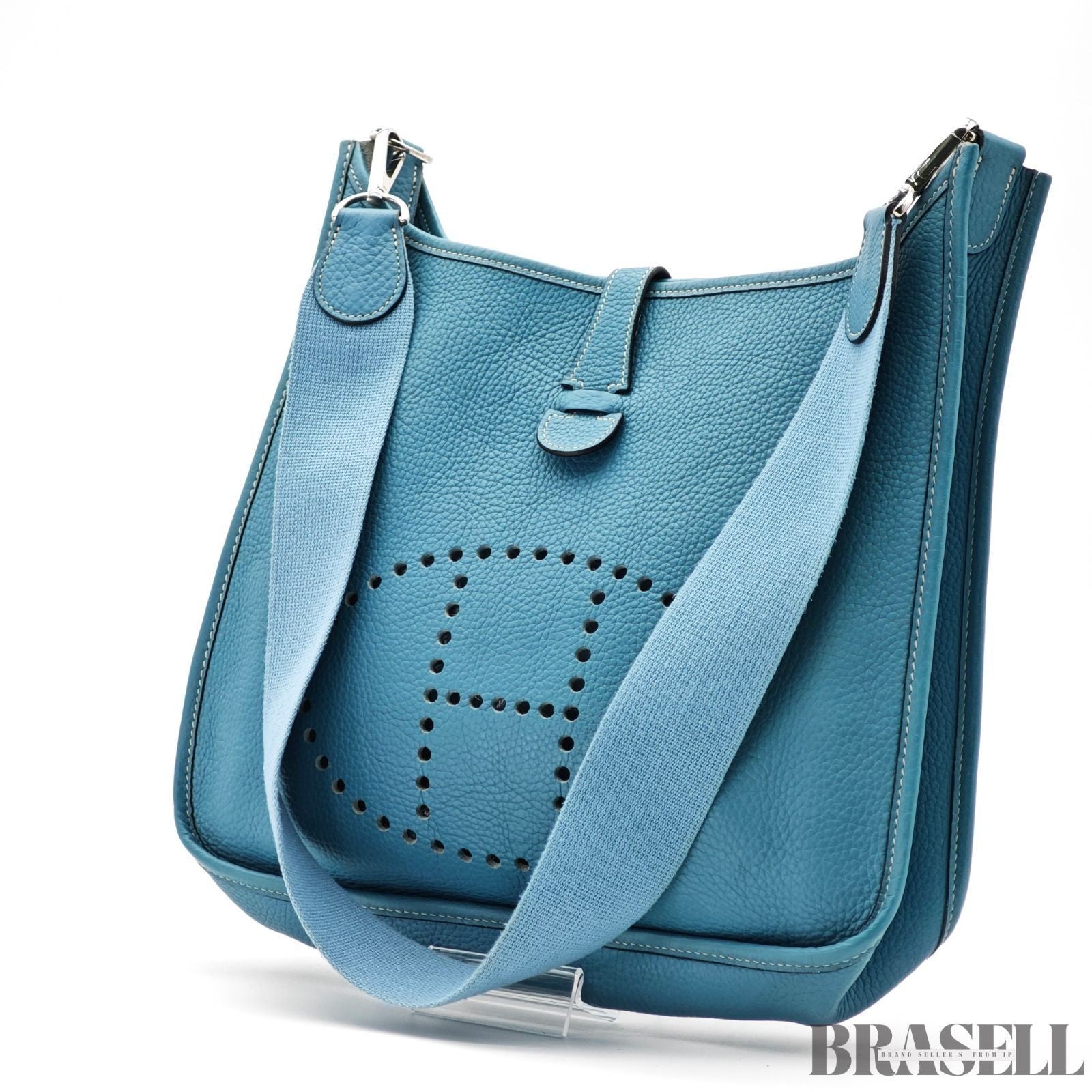 HERMES Evelyn GM 1 Punching H Logo Shoulder Bag Taurillon Clemence Blue Jean