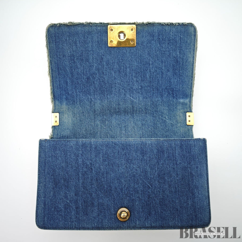 Chanel Boy Chanel Patchwork Chain Shoulder Bag Blue Gold Denim w/Box Dust Bag