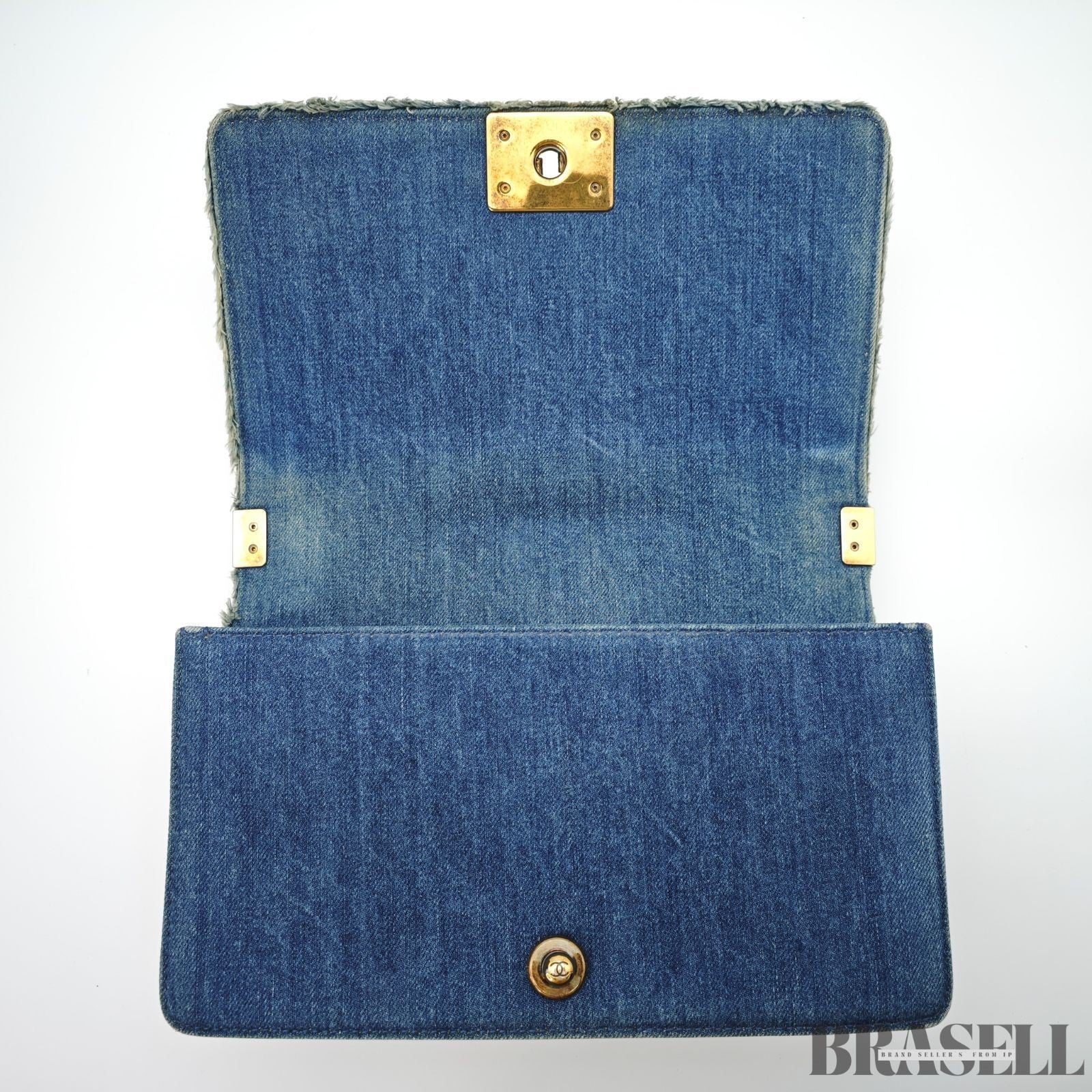 Chanel Boy Chanel Patchwork Chain Shoulder Bag Blue Gold Denim w/Box Dust Bag
