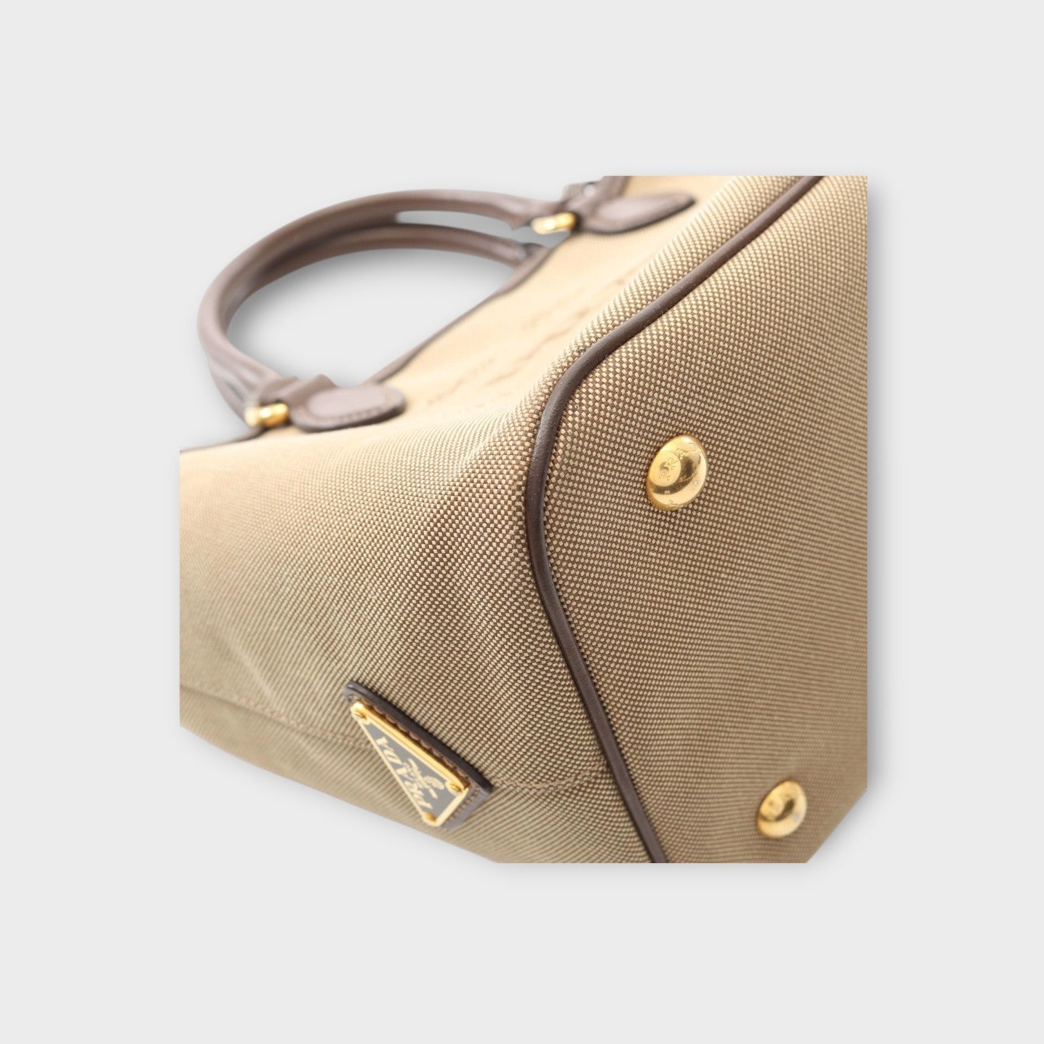 Prada Logo Jacquard Handbag Canvas Leather Beige Brown 1BA172 Gold Hardware 【A】