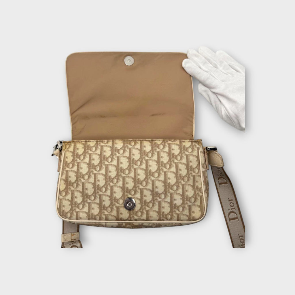 Dior Trotter Flower Embroidery Shoulder Bag CD Hardware Canvas Leather Beige 【B】