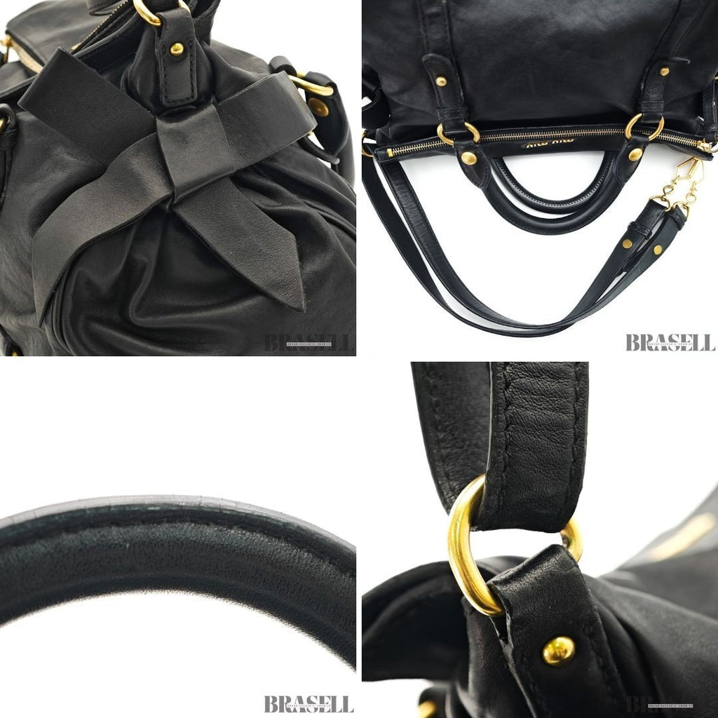Miu Miu Ribbon 2Way Handbag Leather Black Shoulder Bag Woman Shoulder Strap