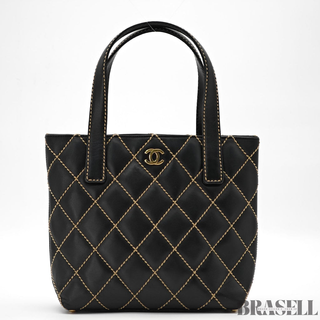 CHANEL Wild Stitch Tote Bag Handbag Calf Leather Black with Warranty Card