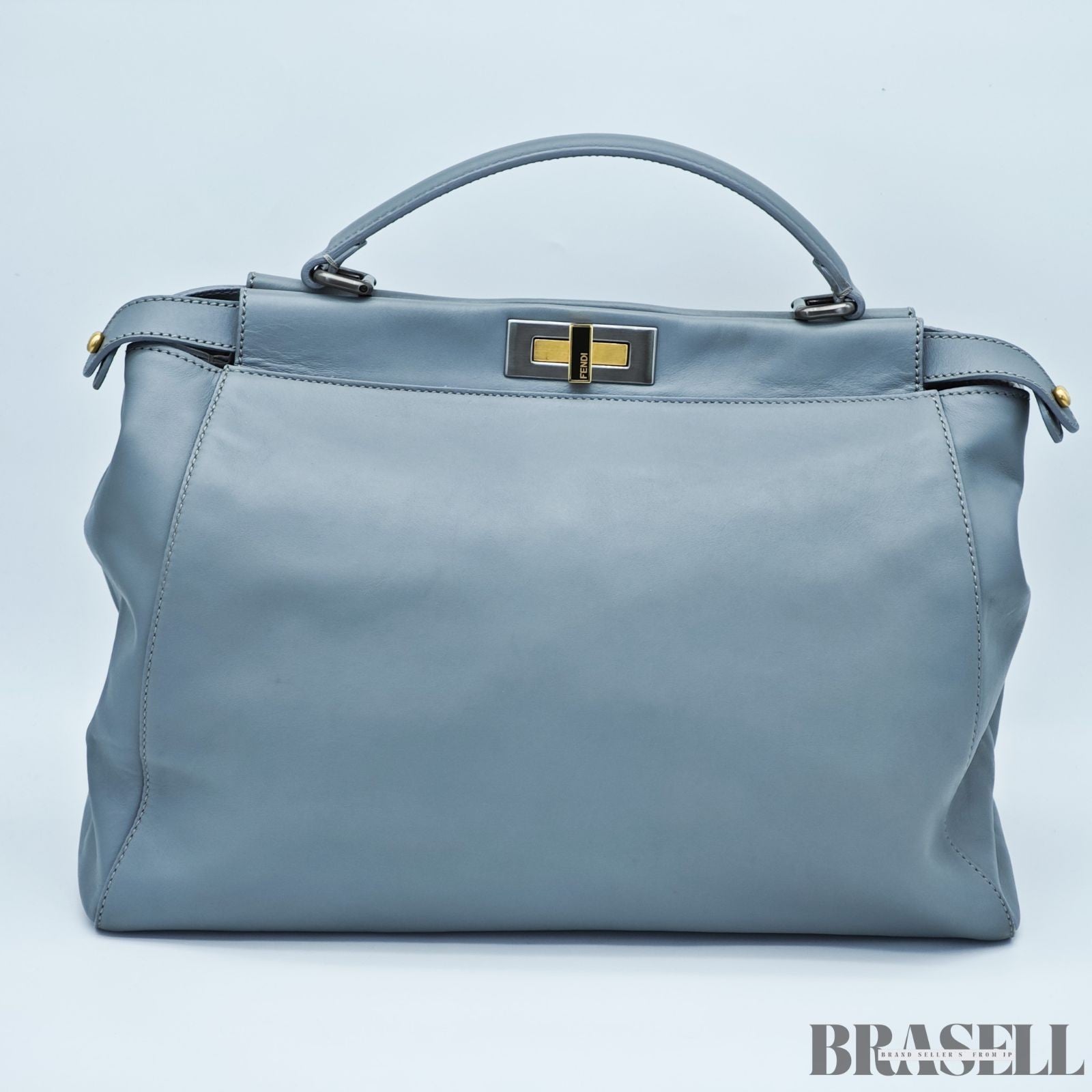 FENDI Peekaboo Large Gray Leather Handbag Shoulder Bag w/ Dust Bag Women's