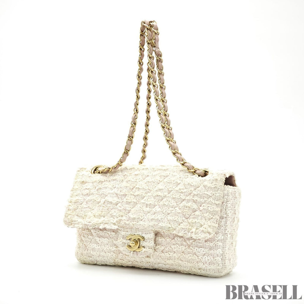 Chanel Matelassé Tweed Chain Shoulder Bag Pink White  Woman