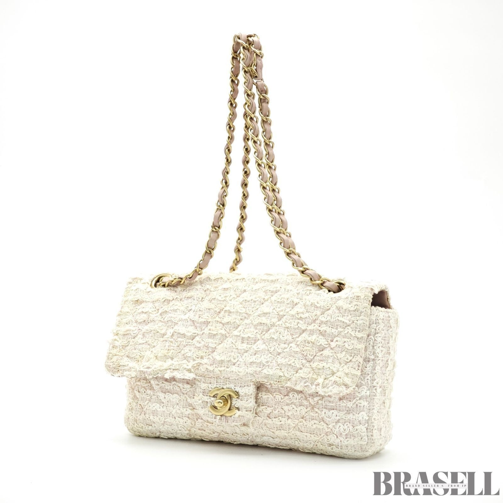 Chanel Matelassé Tweed Chain Shoulder Bag Pink White  Woman