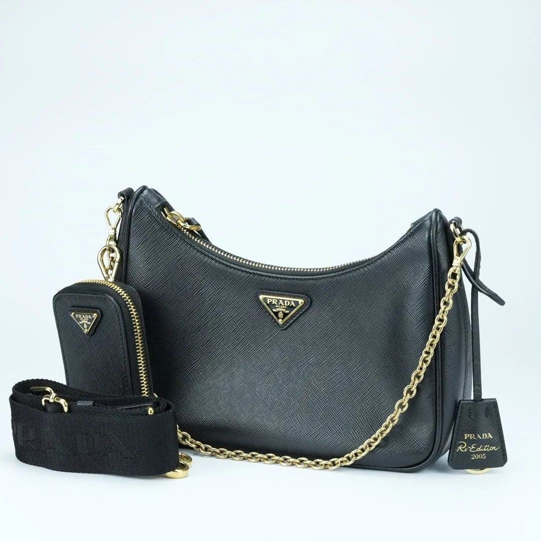 Prada Re-Edition 2005 Saffiano Leather Shoulder Bag in Black with Gold Hardware