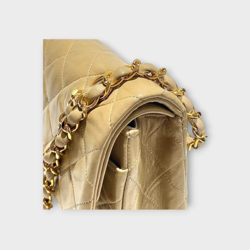 Chanel Classic Double Flap Bag 25 Beige Lambskin with Chain Strap and CC Logo【B】
