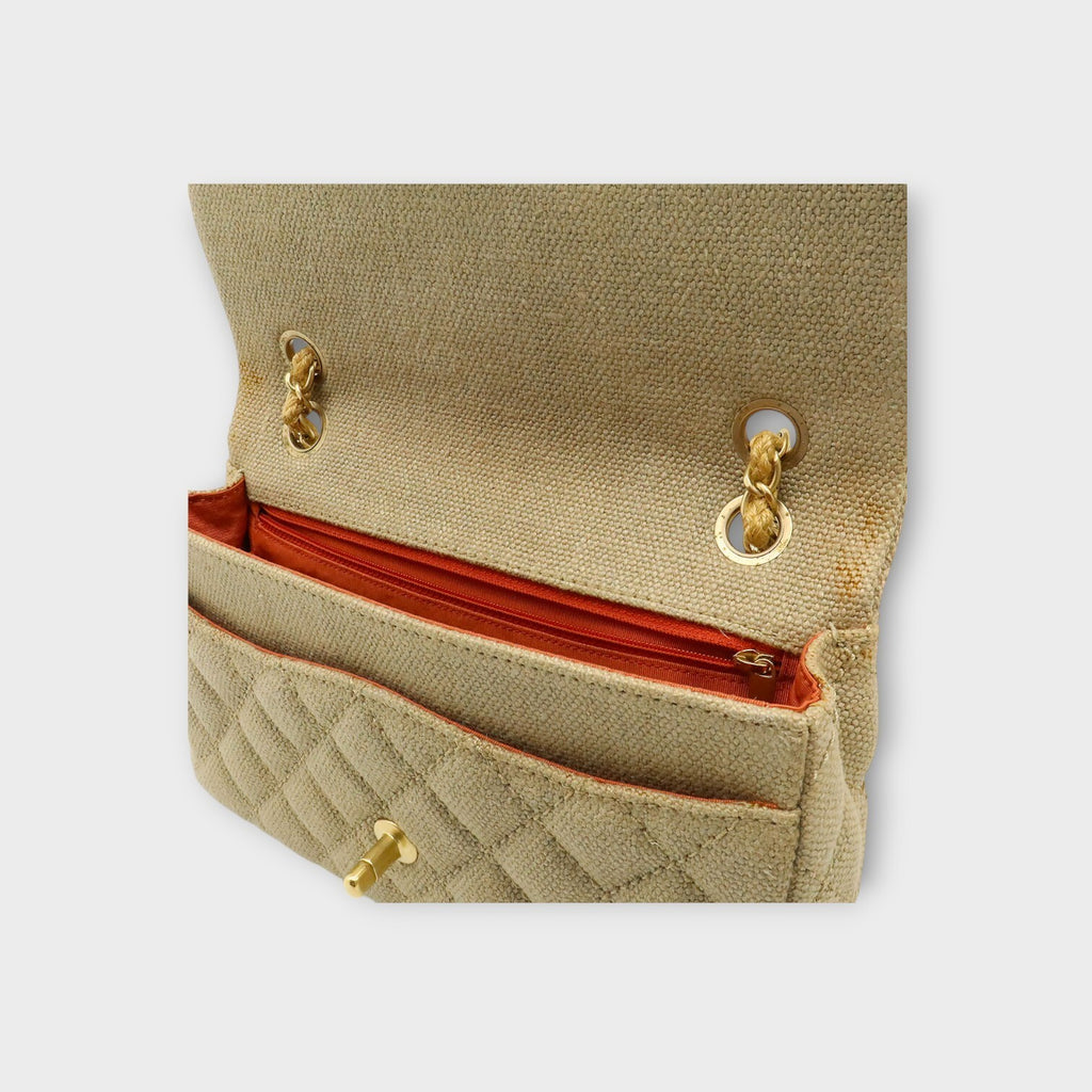 CHANEL Matelassé Coco Mark Chain Shoulder Bag Linen Canvas Beige 【A】