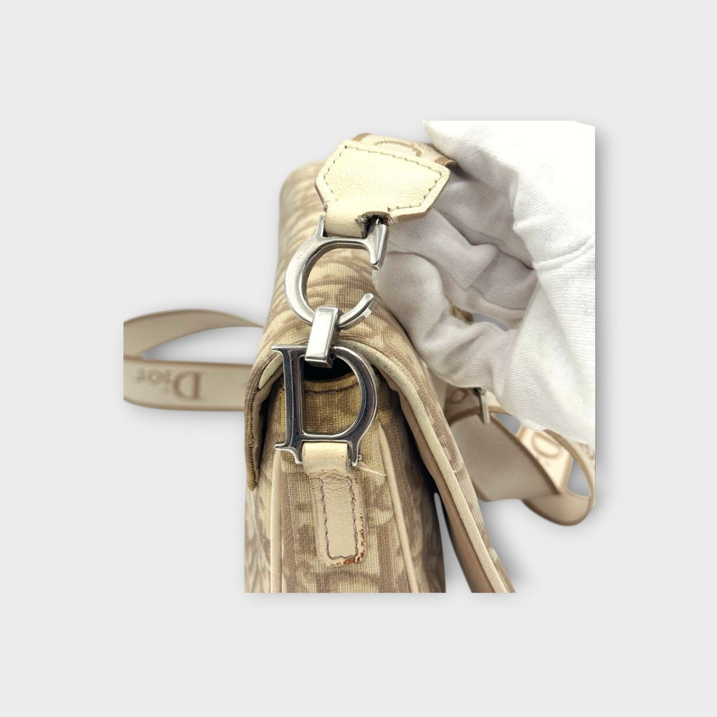 Dior Trotter Flower Embroidery Shoulder Bag CD Hardware Canvas Leather Beige 【B】
