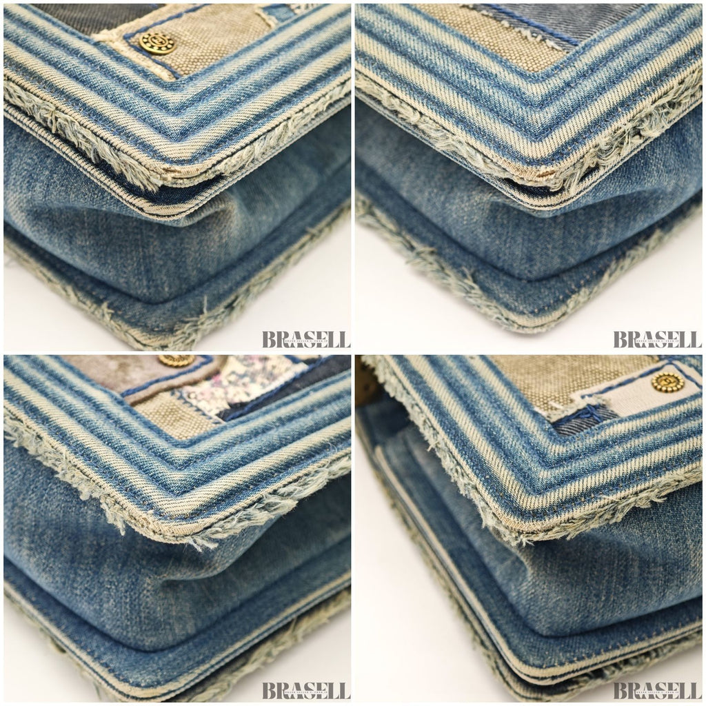 Chanel Boy Chanel Patchwork Chain Shoulder Bag Blue Gold Denim w/Box Dust Bag