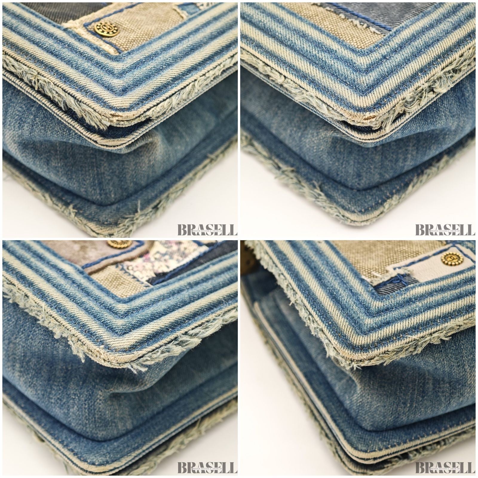 Chanel Boy Chanel Patchwork Chain Shoulder Bag Blue Gold Denim w/Box Dust Bag