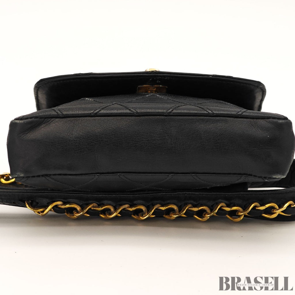 CHANEL Belt Bag Black Leather Gold Turnlock CC Logo Chain Waist Pouch Quilting