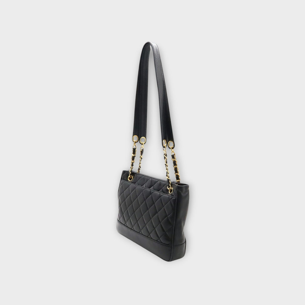 CHANEL Matelassé Coco Ball Chain Tote Bag Shoulder Bag Leather Black 【B】