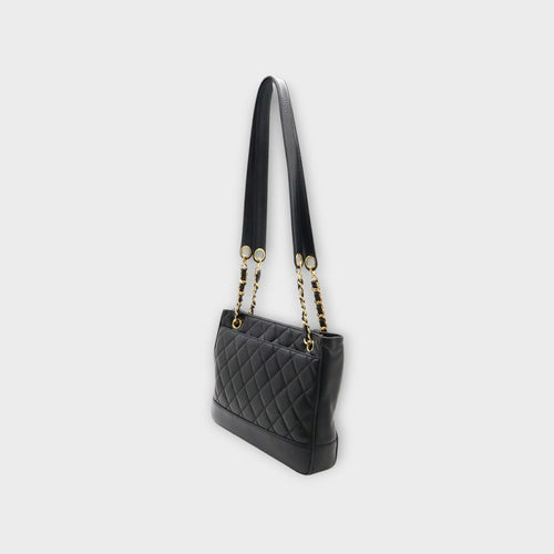 CHANEL Matelassé Coco Ball Chain Tote Bag Shoulder Bag Leather Black 【B】
