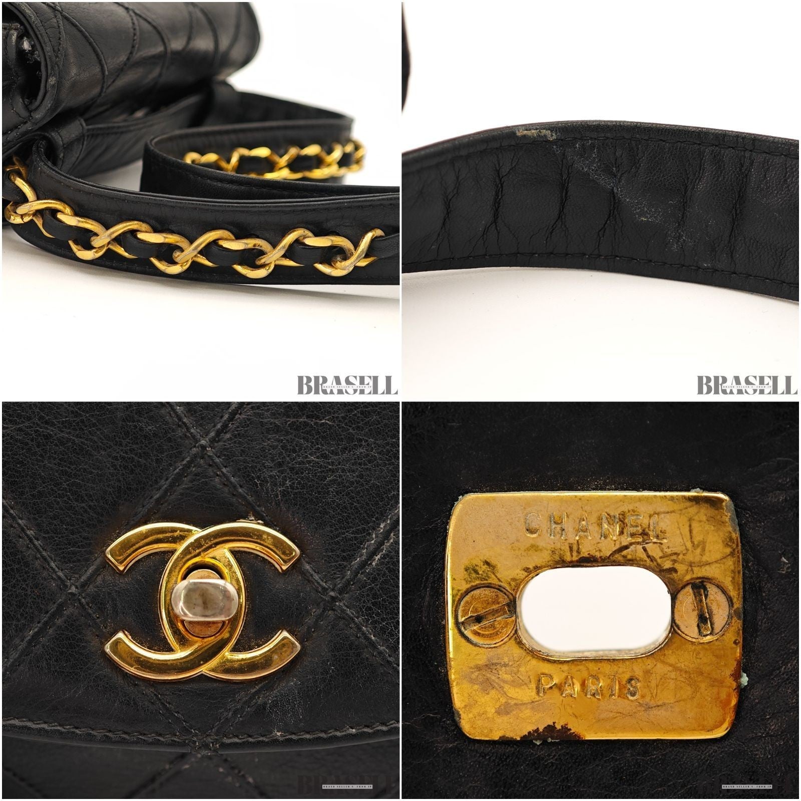 CHANEL Belt Bag Black Leather Gold Turnlock CC Logo Chain Waist Pouch Quilting