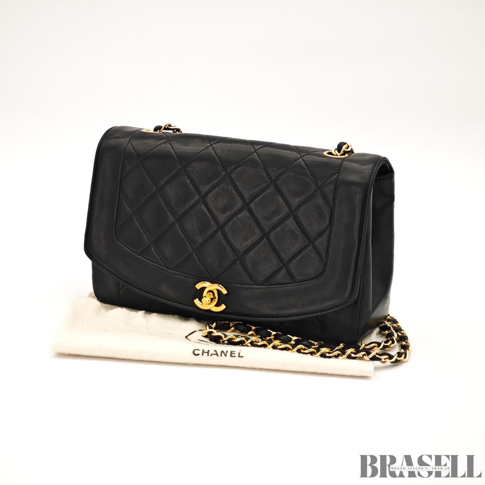 CHANEL Matelassé Diana 25 Chain Shoulder Bag Flap Quilted Black Lambskin Logo