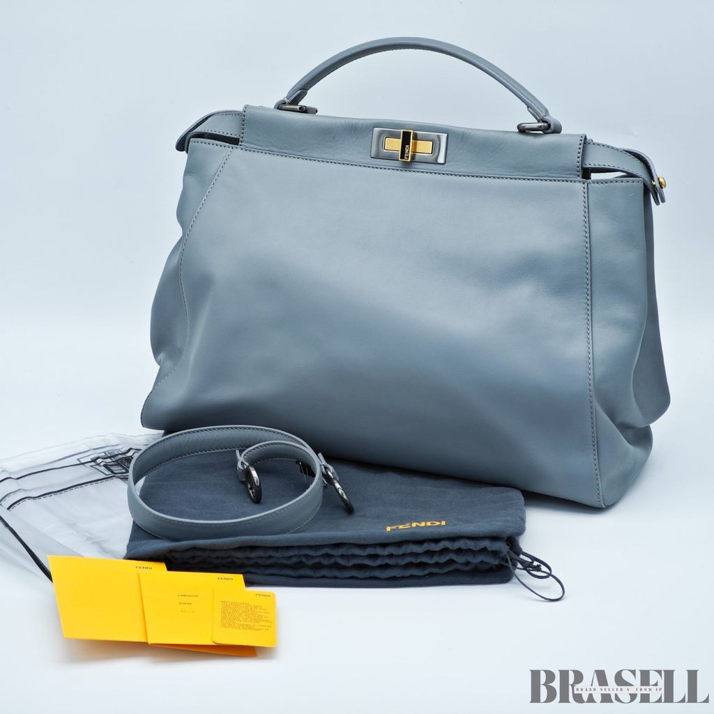 FENDI Peekaboo Large Gray Leather Handbag Shoulder Bag w/ Dust Bag Women's