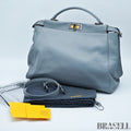 FENDI Peekaboo Large Gray Leather Handbag Shoulder Bag w/ Dust Bag Women's
