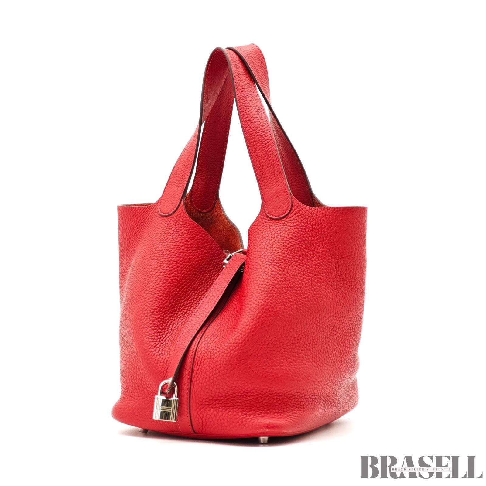 HERMES Picotin Lock Red Handbag Tote Bag Leather Silver Hardware with Padlock