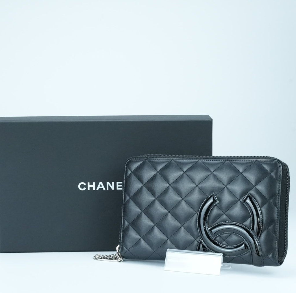 CHANEL Cambon Long Wallet Lambskin Black Women's with Box