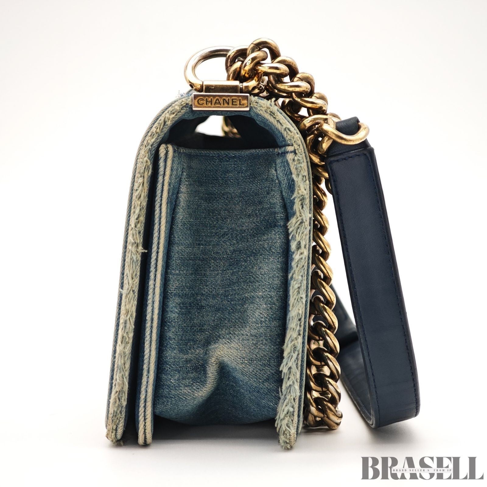 Chanel Boy Chanel Patchwork Chain Shoulder Bag Blue Gold Denim w/Box Dust Bag