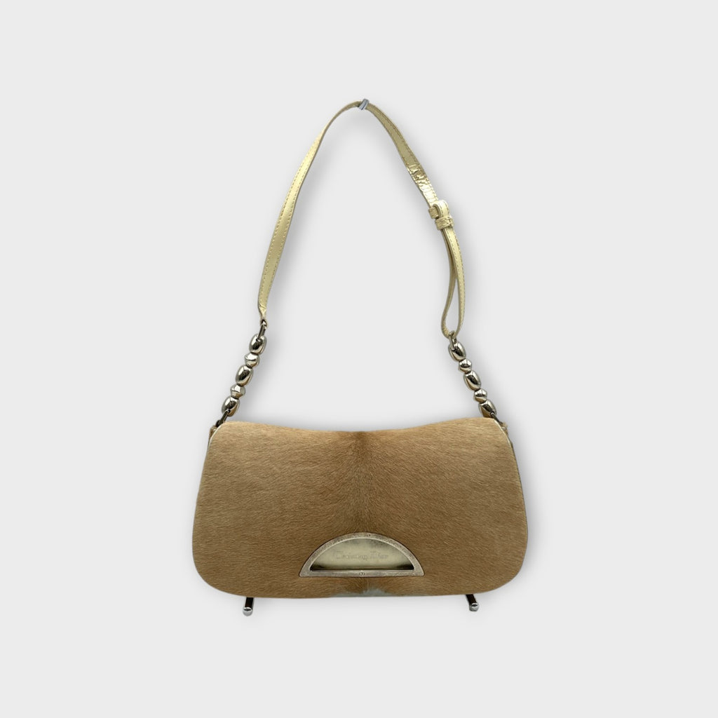 Dior Handbag Tote Bag Beige Haircalf Leather PVC Malice Pearl Magnet 【B】