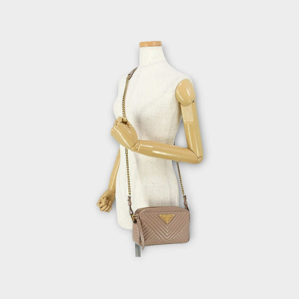 Prada Chain Shoulder Bag Triangle Logo Crossbody Bag 1BH102 Leather Beige 【A】