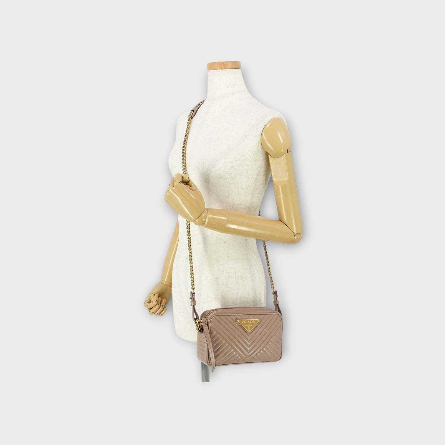 Prada Chain Shoulder Bag Triangle Logo Crossbody Bag 1BH102 Leather Beige 【A】