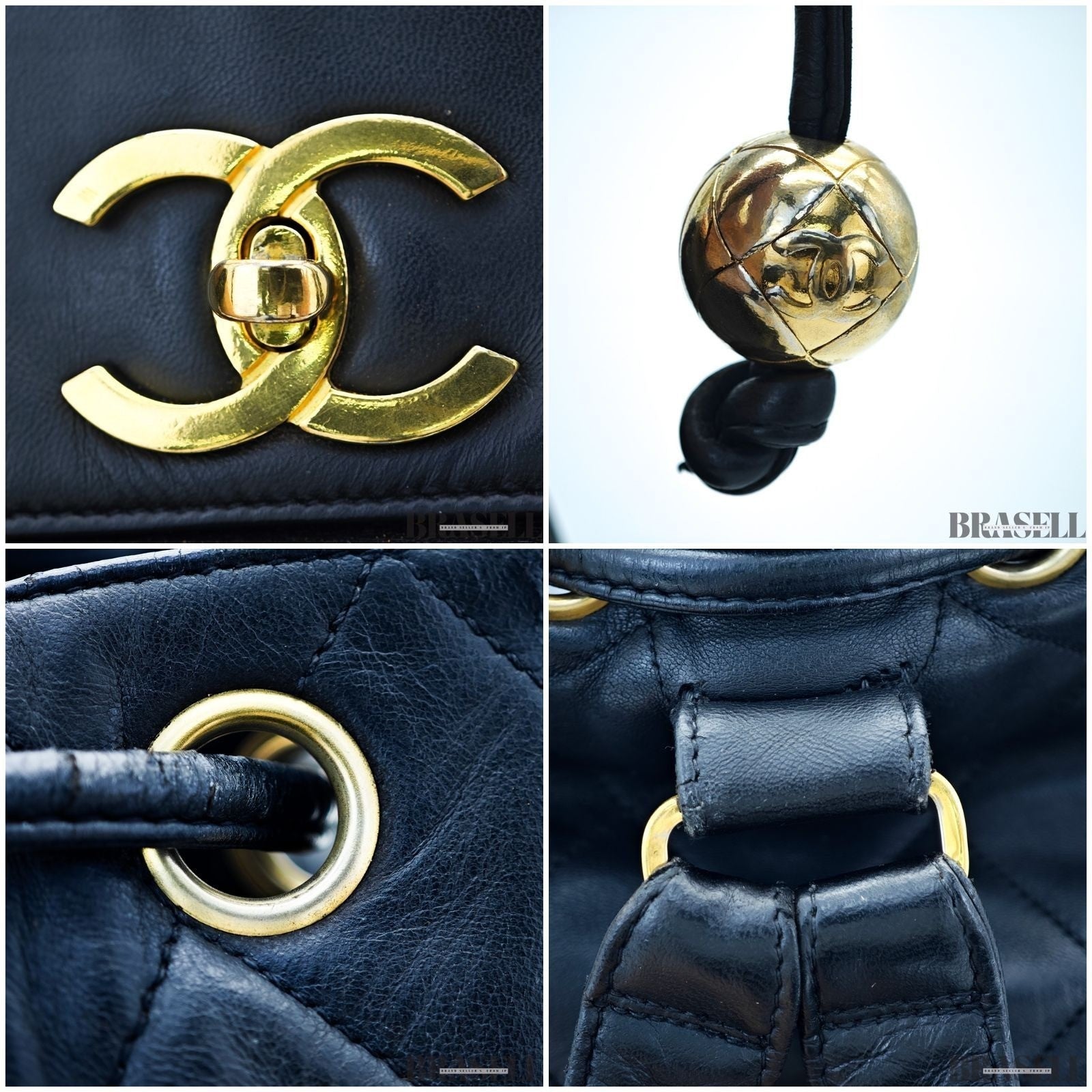 Chanel Vintage Matelassé Drawstring Backpack Rucksack Bag Black Women