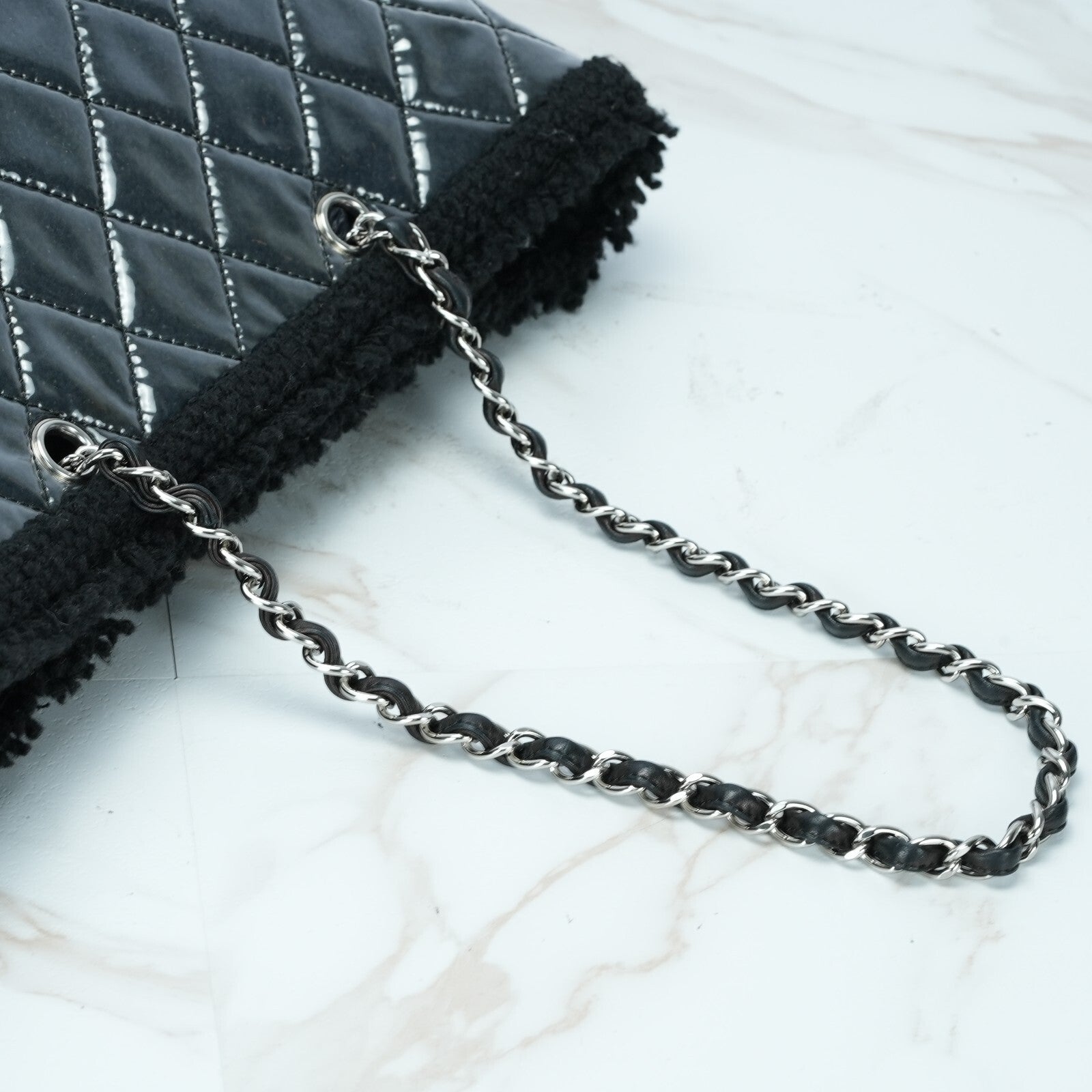 Last Sale CHANEL Funny Tweed Chain shoulder Tote Bag A47155 Plastics wool Black