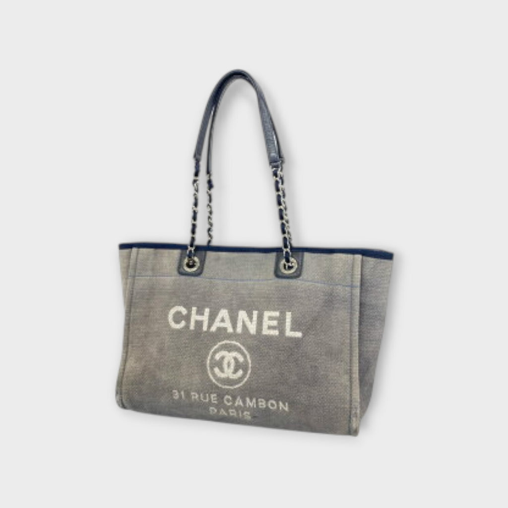 CHANEL Deauville Line Medium Tote Shoulder Bag Logo Coco Mark Chain Shoulder