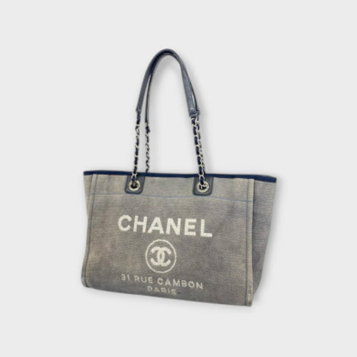 CHANEL Deauville Line Medium Tote Shoulder Bag Logo Coco Mark Chain Shoulder
