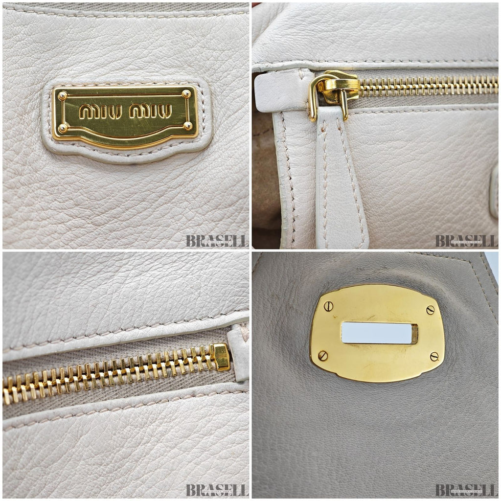 Miu Miu 2-Way Leather Tote Bag/Shoulder Bag Flap White Women's