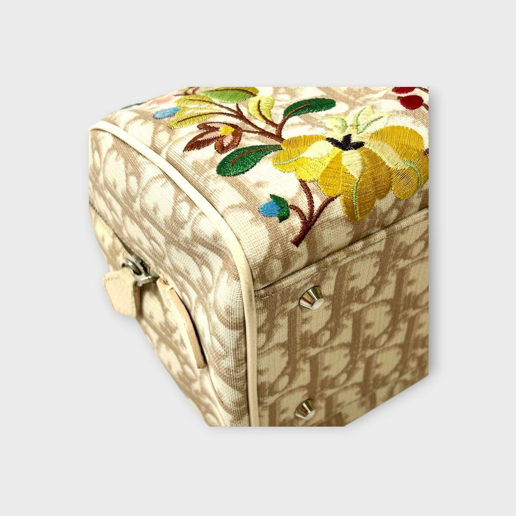 Dior Trotter PVC Leather Floral Handbag Tote Bag Beige Silver Hardware 【B】