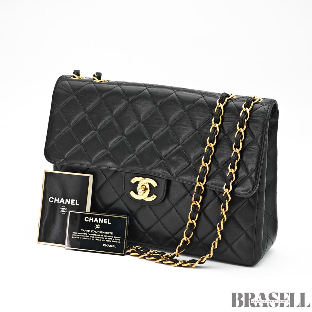 CHANEL Matelasse 30 Flap Chain Shoulder Bag Lamb Skin Black Gold CC Auth