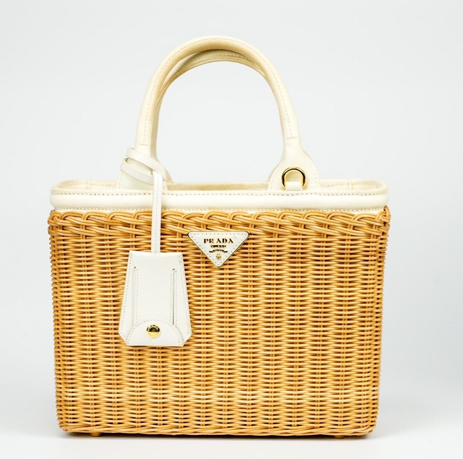 PRADA Canapa Wicker Basket Bag Rattan Raffia 2Way Beige White hand shoulder 【B】