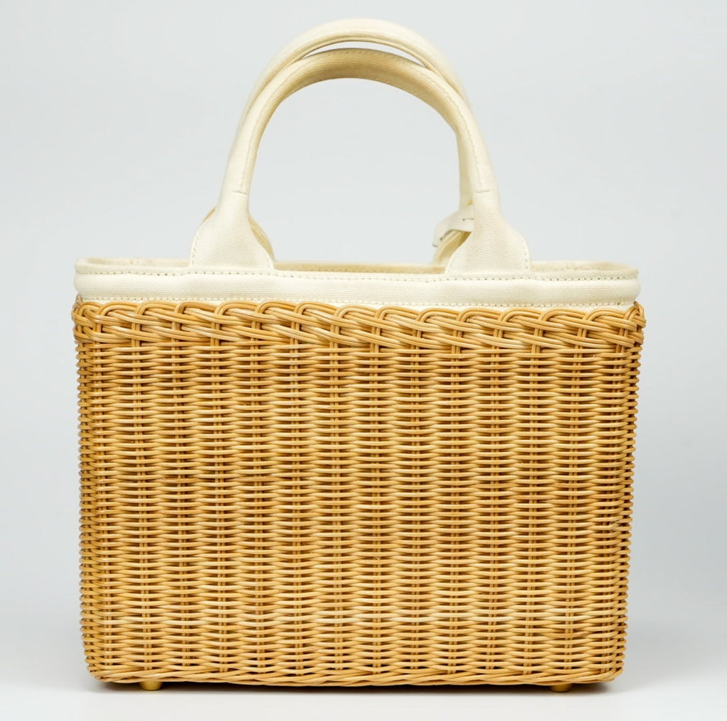 PRADA Canapa Wicker Basket Bag Rattan Raffia 2Way Beige White hand shoulder 【B】