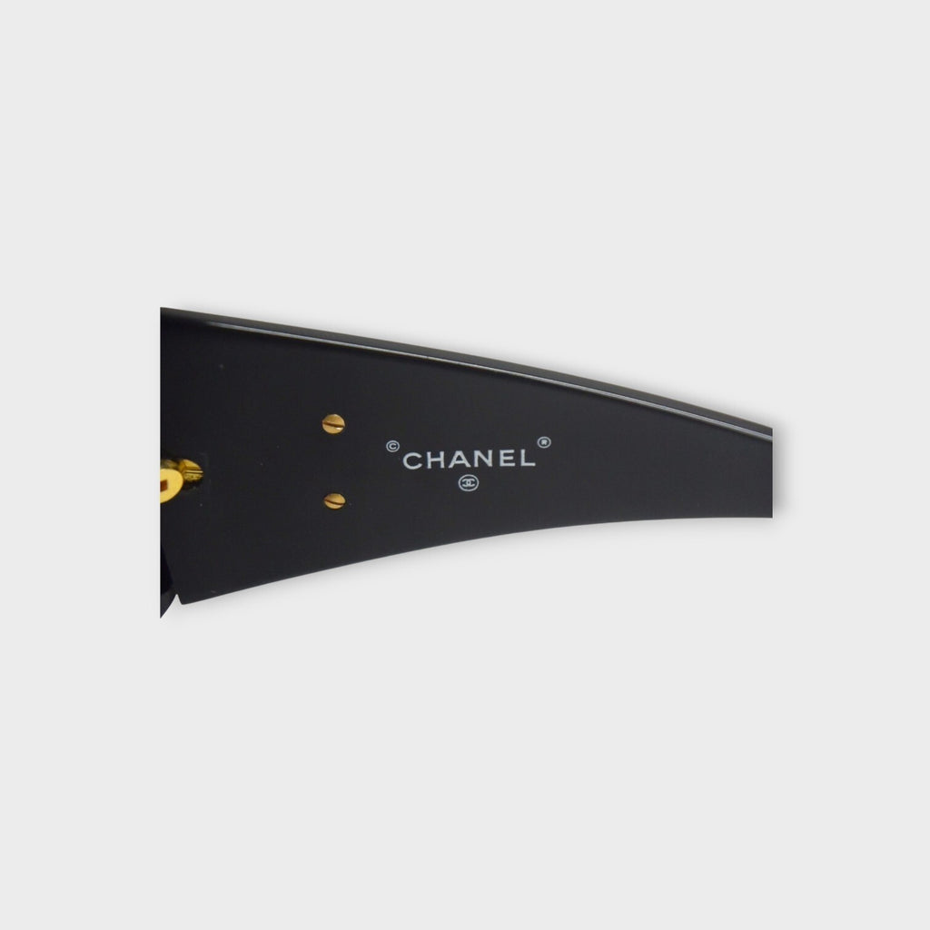 CHANEL Chain Sunglasses Coco Mark 0027 90 Leather Metal Black 【A】