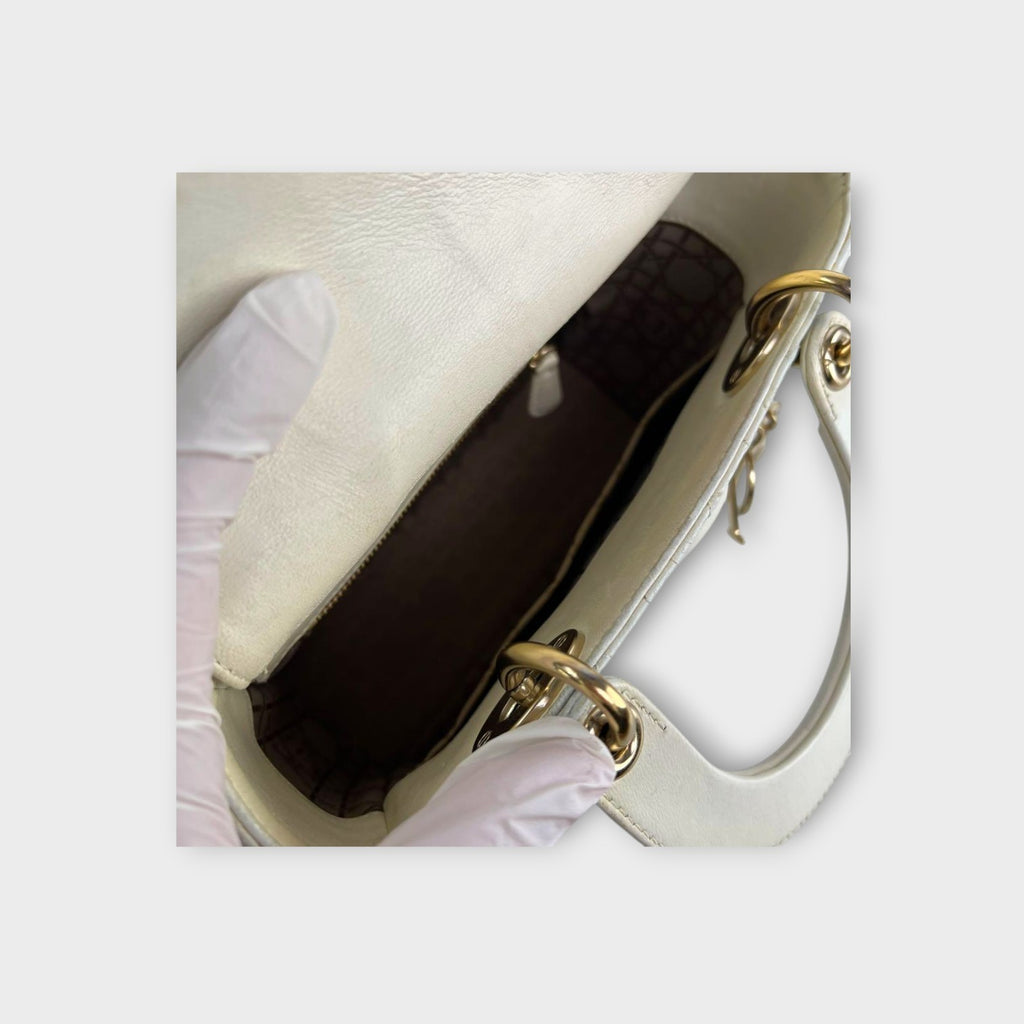 Dior Lady Dior 2Way Handbag Shoulder Bag White Lambskin Gold Hardware 【A】