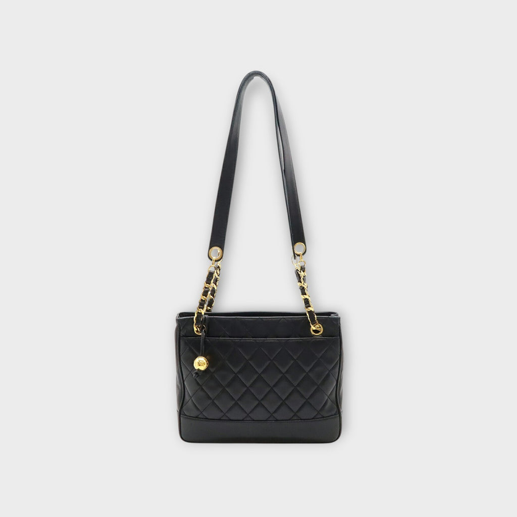 CHANEL Matelassé Coco Ball Chain Tote Bag Shoulder Bag Leather Black 【B】