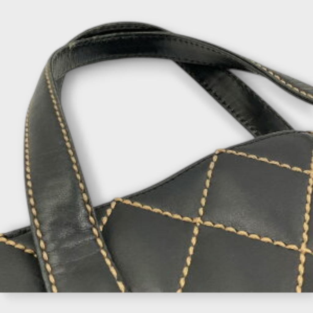 CHANEL A18126 Wild Stitch Tote Bag Leather Serial Seal Peeling Black x Beige